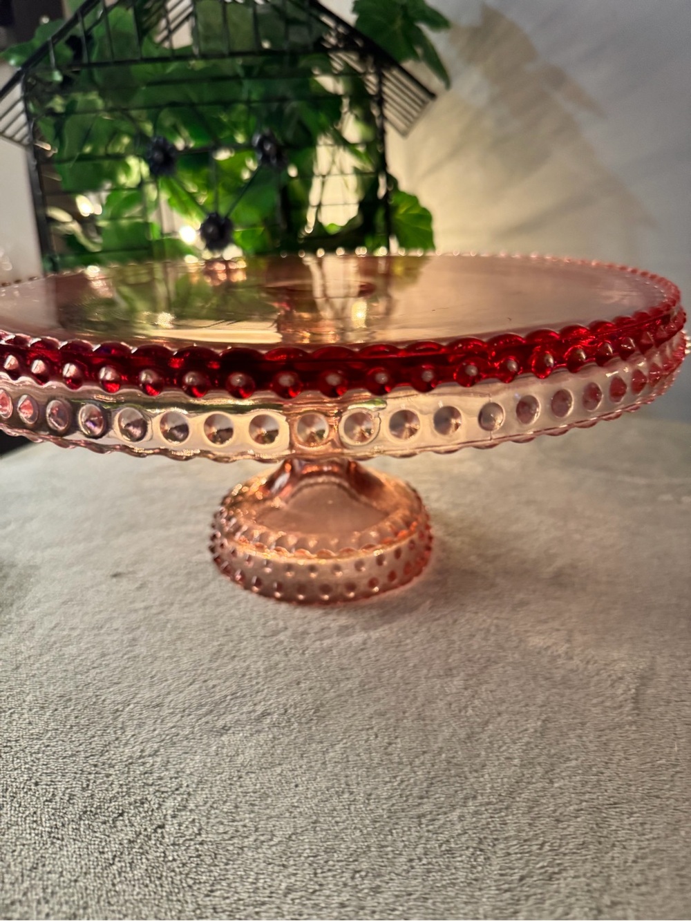 LE Smith Vintage Pink CRANBERRY red Hobnail Glass Pedestal Cake StanD RARE